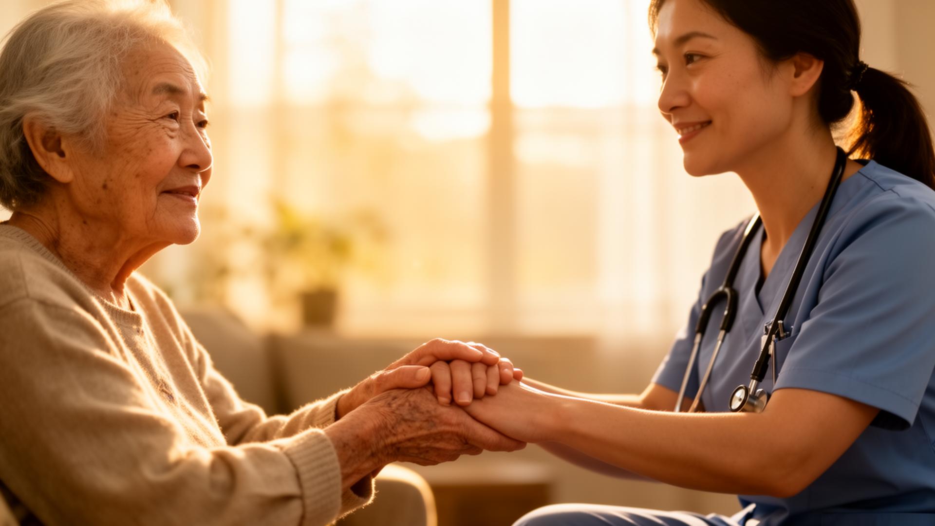 Caring support worker holding the hands of an elderly woman